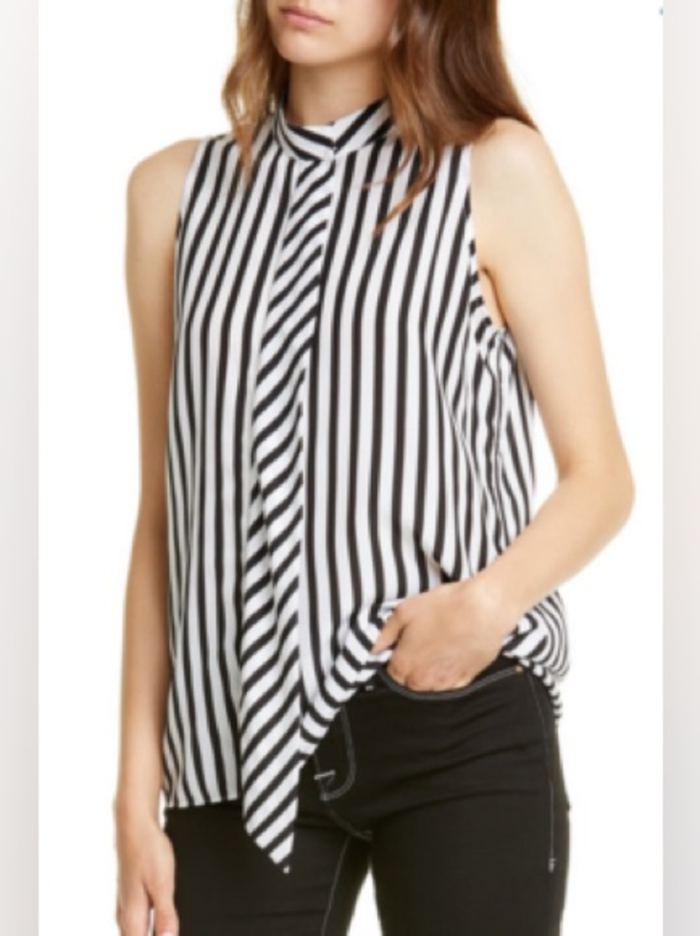 Frame Sleeveless Black & White Stripe Tie-Neck Top